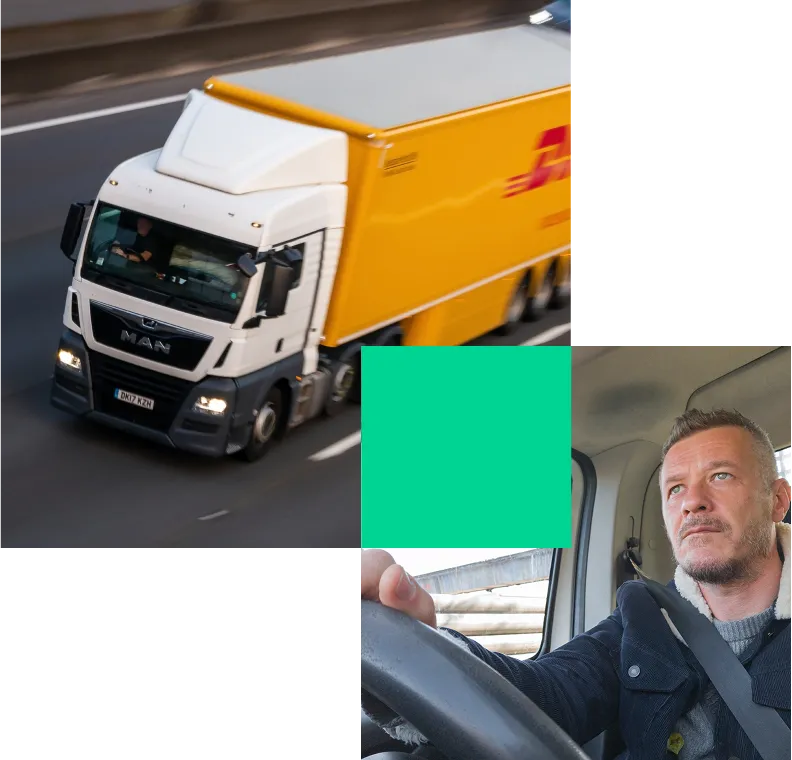 Van on motorway, green block, driver behind wheel