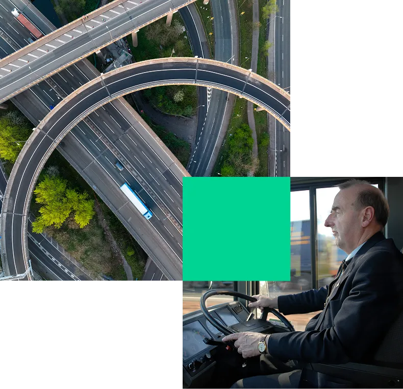 Aerial view of cars on motorway, colour block and  closeup of woman driving a truck