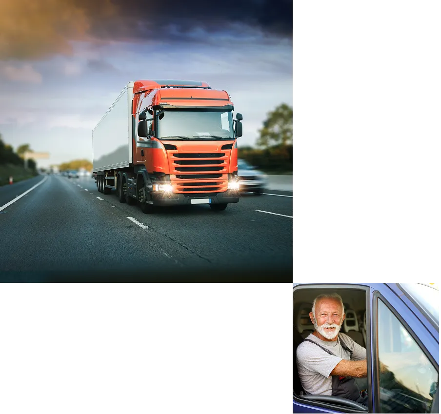 Picture of blue truck on road with smaller picture of driver outside white truck